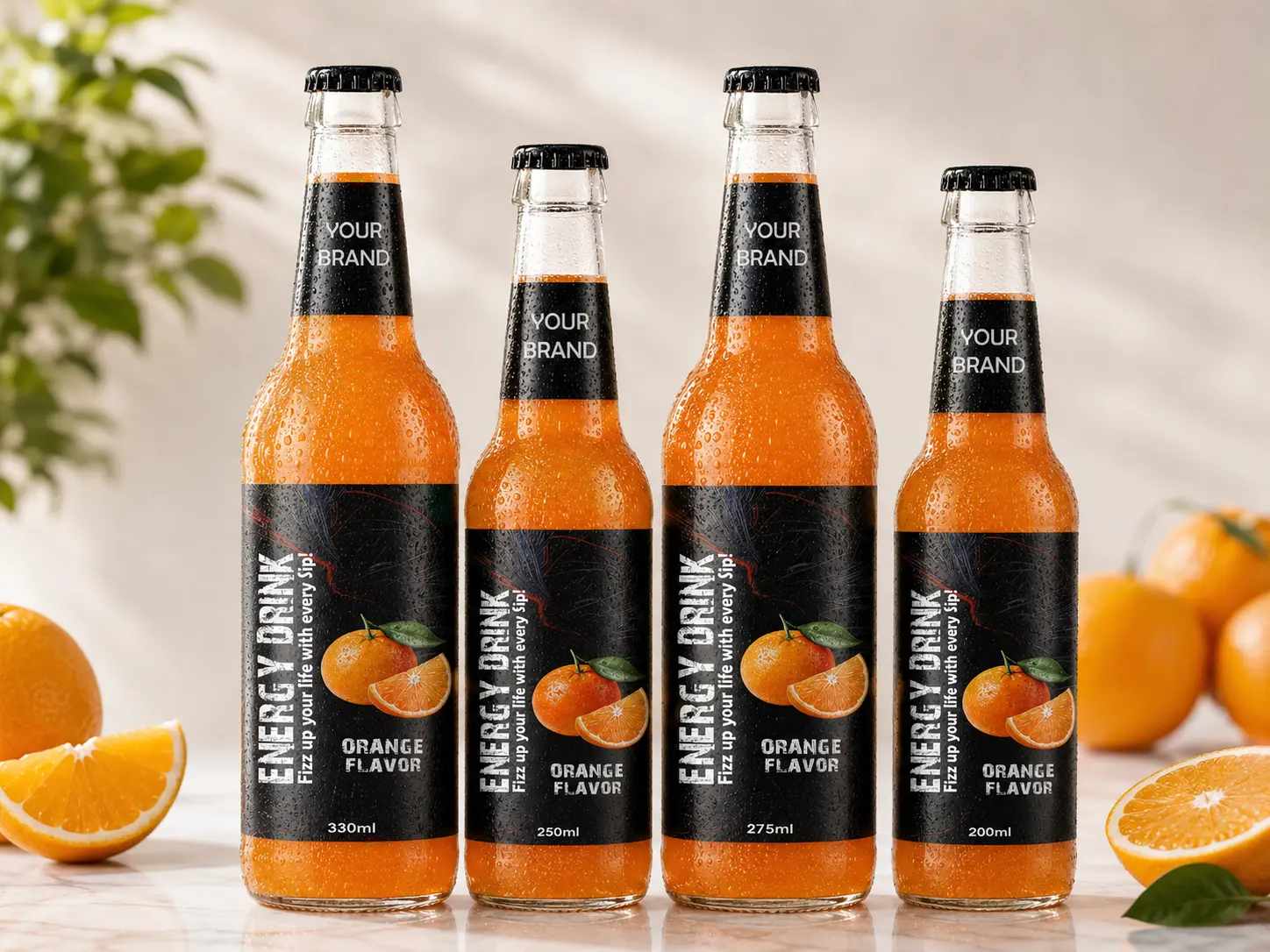 ENERGY DRINK Orange flavor bottles in 330ml, 250ml, 275ml, and 200ml glass bottles.